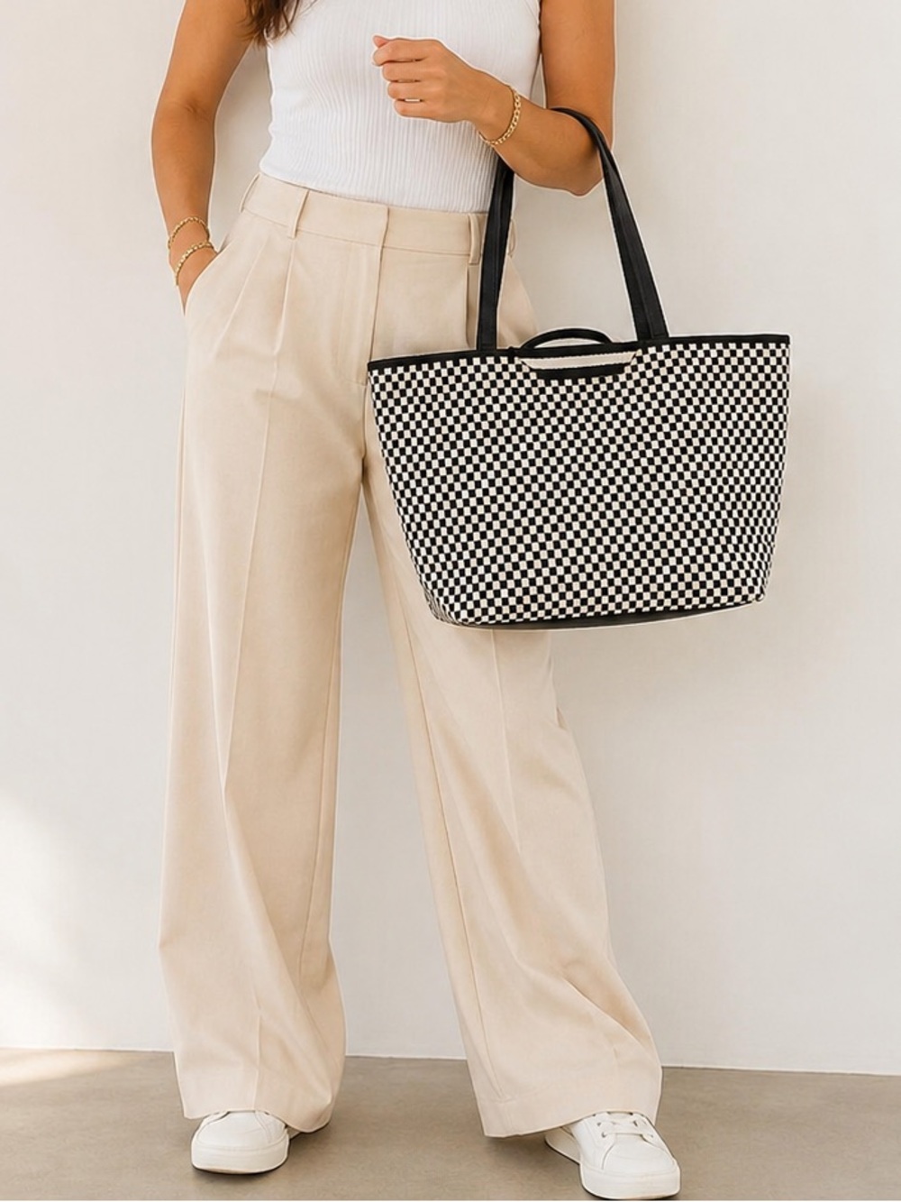 Pretty Simple Woven Tiffany Organizer Tote Bag Vegan Leather Checkered Black